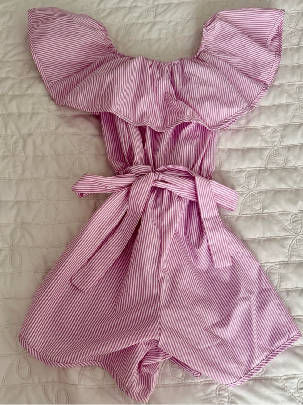 Pink and White Striped Off-Shoulder Romper